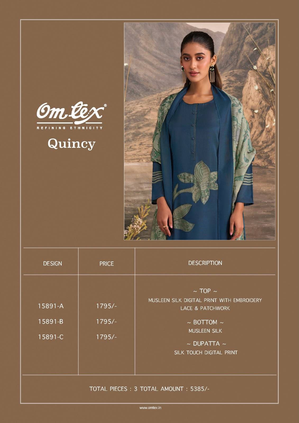 QUINCY By Om Tex 15891 Series Beautiful Festive Suits Stylish Colorful Fancy Casual Wear & Ethnic Wear Muslin Silk Dresses At Wholesale Price
